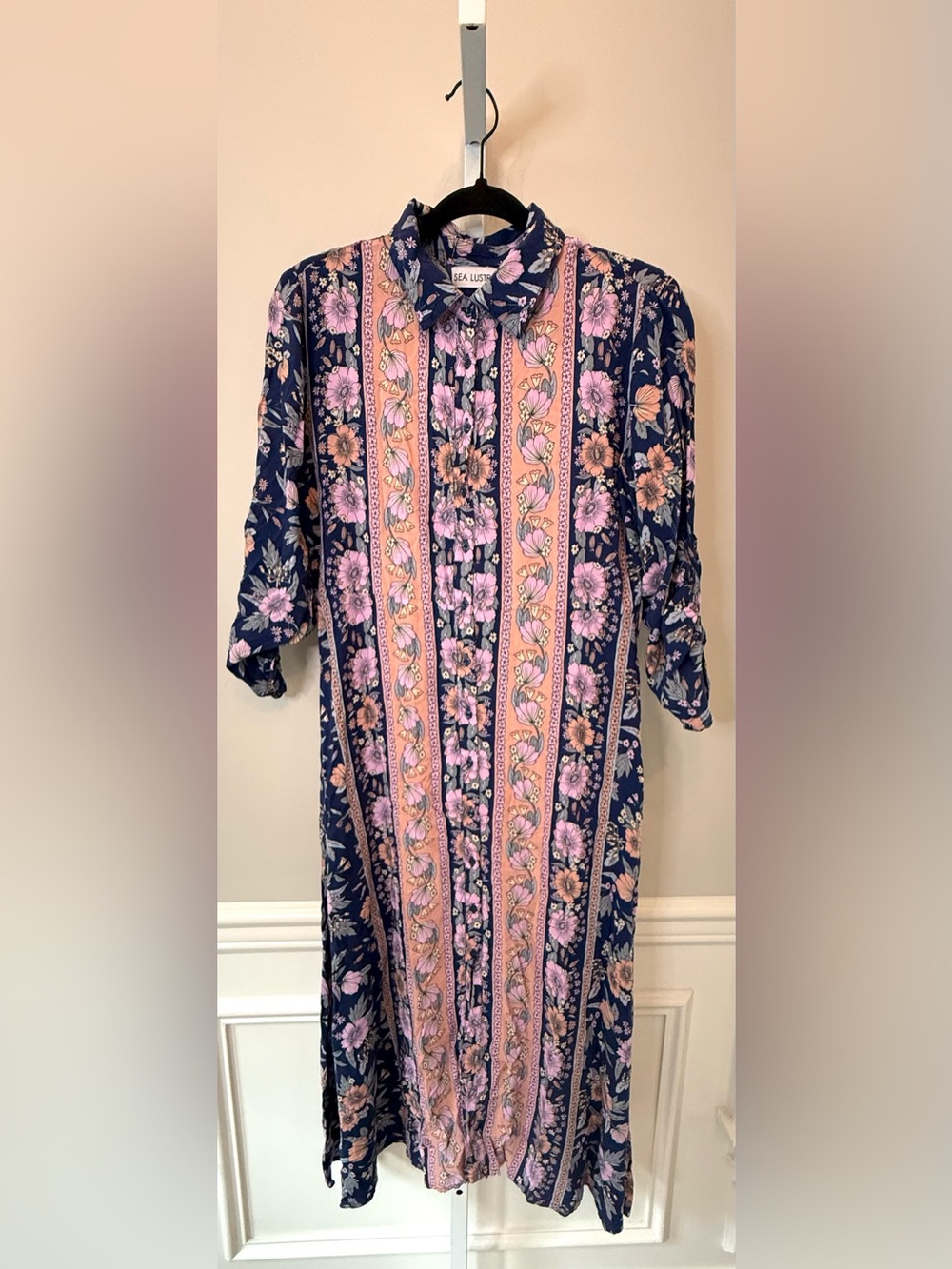 Sea Lustre Navy Floral Stripe Button Front Midi Dress Boho Long Sleeve Size S/M